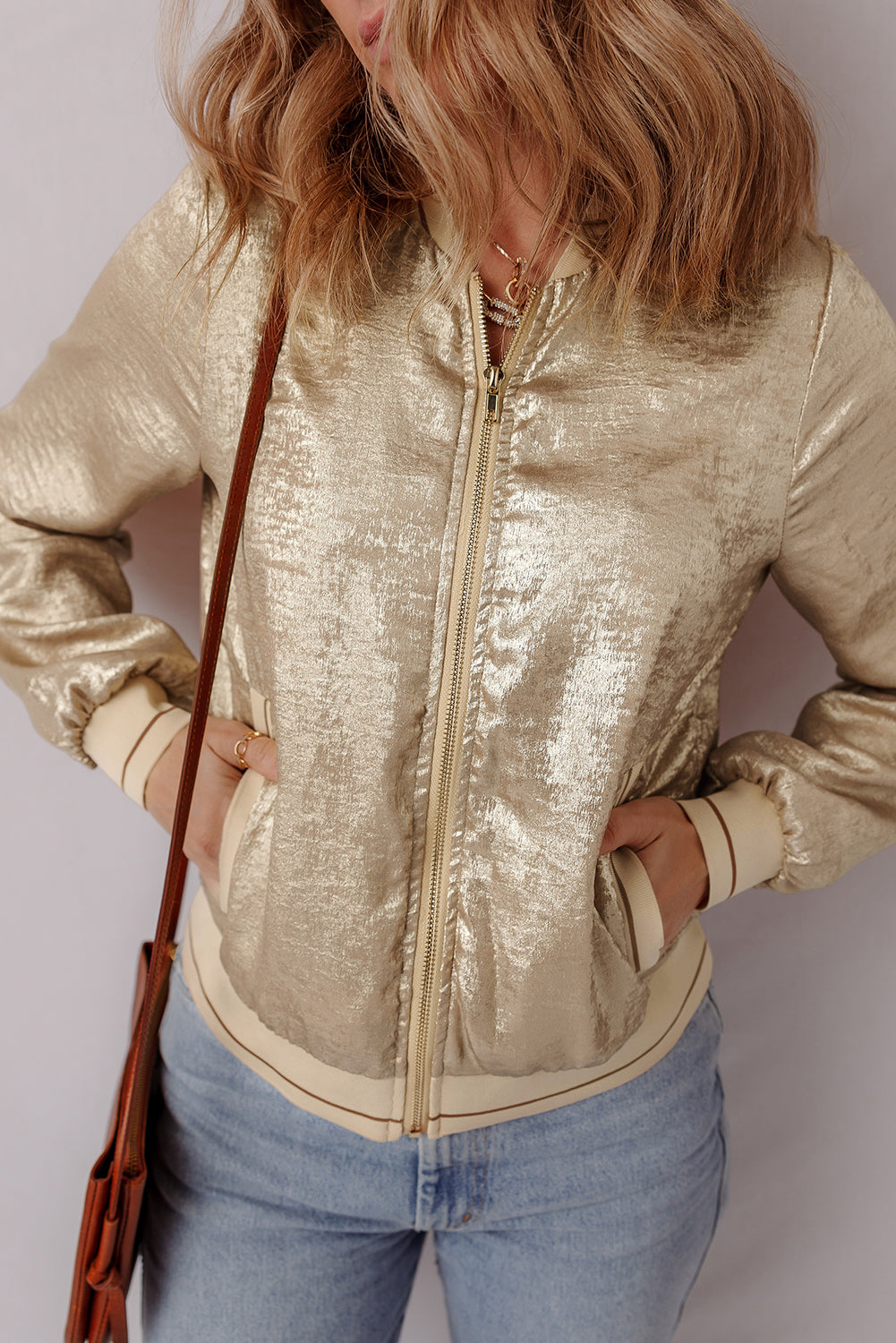 Pale Khaki Metallic Baseballjacke mit Reißverschluss