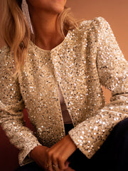 Black Sequined Open Front Cropped Jacket - Damesmode Afbeelding 4 - Miniatuur