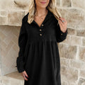 Black Corduroy Half Button Collared Long Sleeve Mini Dress - Damesmode Afbeelding 3 - Foto 3
