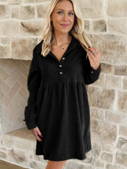 Black Corduroy Half Button Collared Long Sleeve Mini Dress - Damesmode Afbeelding 3 - Miniatuur