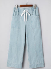 Sky Blue Stripe Mid Rise Drawstring Waist Jeans - Miniatuur