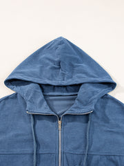 Real Teal Corduroy Drawstring Hooded Pocket Zip Up Jacket - Miniatuur