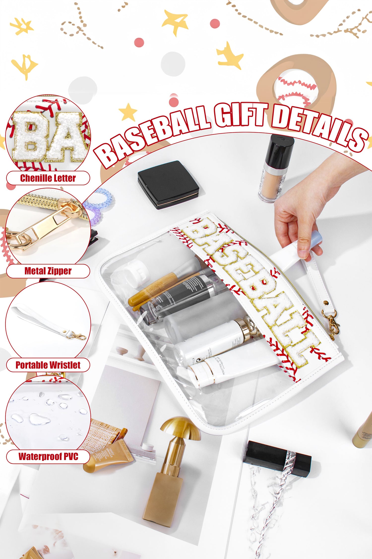 Brown BASEBALL  Chenille Letter Patch Game Day Stadium Clear PVC Cosmetic Bag - Damesmode Afbeelding 6
