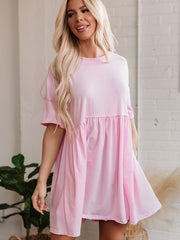 Light Pink Solid Color Pocketed Raw Edge Babydoll Dress - Miniatuur