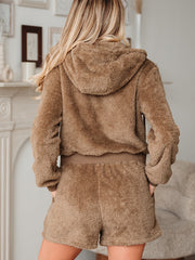 Parchment Zip Up Hoodie Drawstring Shorts Sherpa 2pcs Outfit - Miniatuur