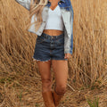 Dusk Blue Color Block Patchwork Flap Detail Distress Denim Jacket - Foto 6