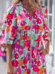Rose Vibrant Floral Print V Neck Zip Up Puffy Half Sleeve Dress - Miniatuur