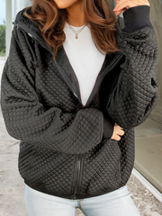 Schwarze gesteppte Seitentaschen – Kapuzenjacke mit Reißverschluss – Damesmode Afbeelding 3 - Miniatuur