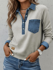 Schneeregen Denim-Kragen-Patchwork-Langarmpullover Top - Miniatuur