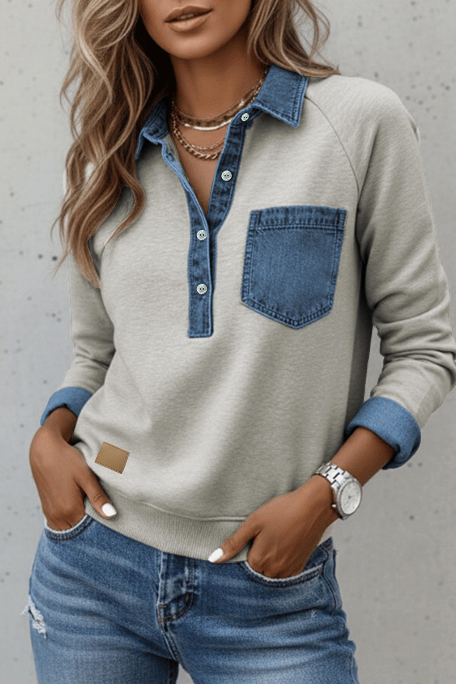 Pull à manches longues patchwork en denim Sleet