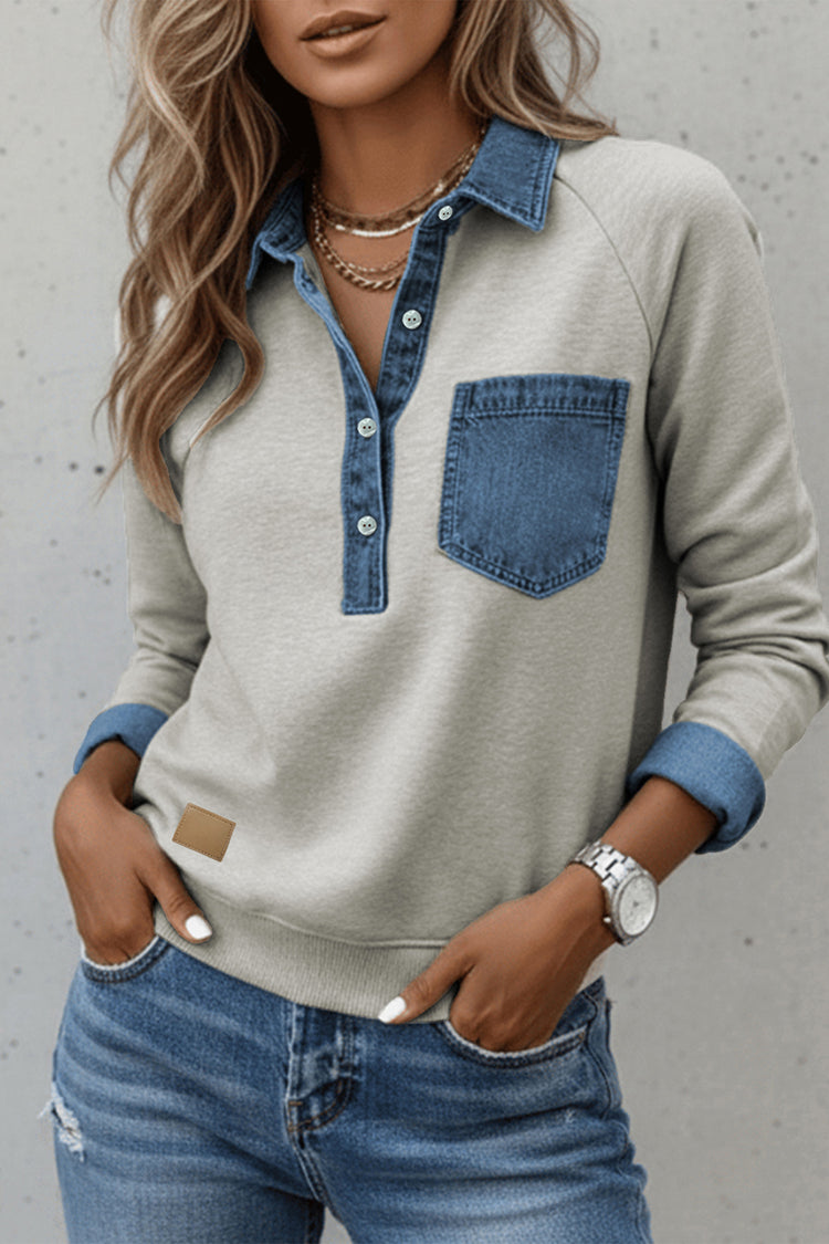 Sleet Denim Collar Patchwork Long Sleeve Pullover Top - Damesmode