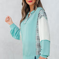 Aruba Blue Corded Texture Colorblock Patchwork Split Neck Long Sleeve Top - Damesmode Afbeelding 3 - Foto 3