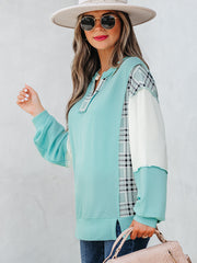 Aruba Blue Corded Texture Farbblock Patchwork Split Neck Langarmshirt – Damesmode Afbeelding 3 - Miniatuur