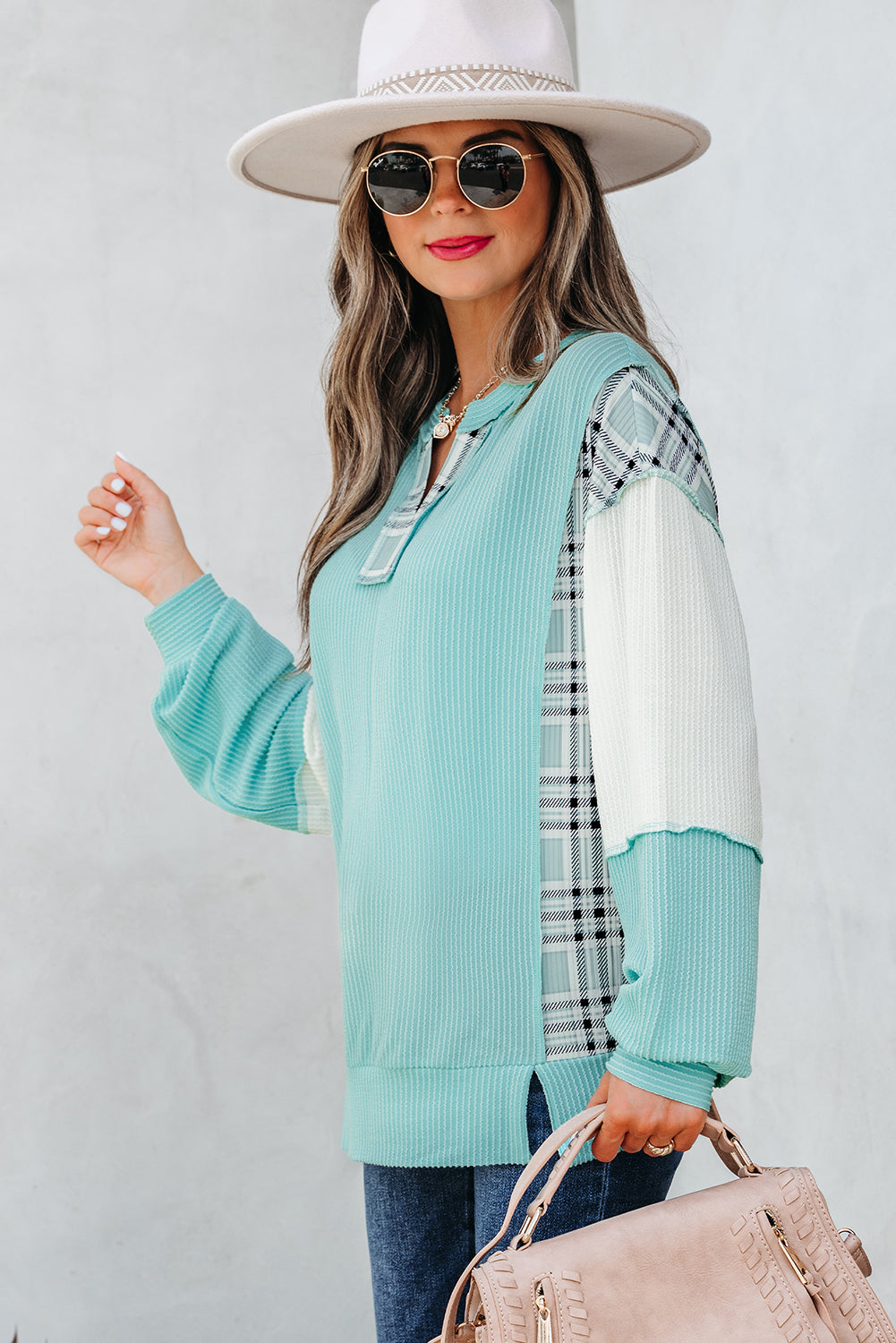 Aruba Blue Corded Texture Colorblock Patchwork Split Neck Long Sleeve Top - Damesmode Afbeelding 3