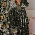Jungle Green Velvet Long Sleeve V Neck Loose Dress with Pockets - Foto 1