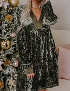 Jungle Green Velvet Long Sleeve V Neck Loose Dress with Pockets