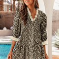 Black Leopard Print Striped Color Block Trim V Neck Bracelet Sleeve Mini Dress - Damesmode Afbeelding 1 - Foto 1