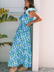 Maxi Dress rosa a scollo quadrato con spalline e volant con stampa floreale rosa - Miniatuur