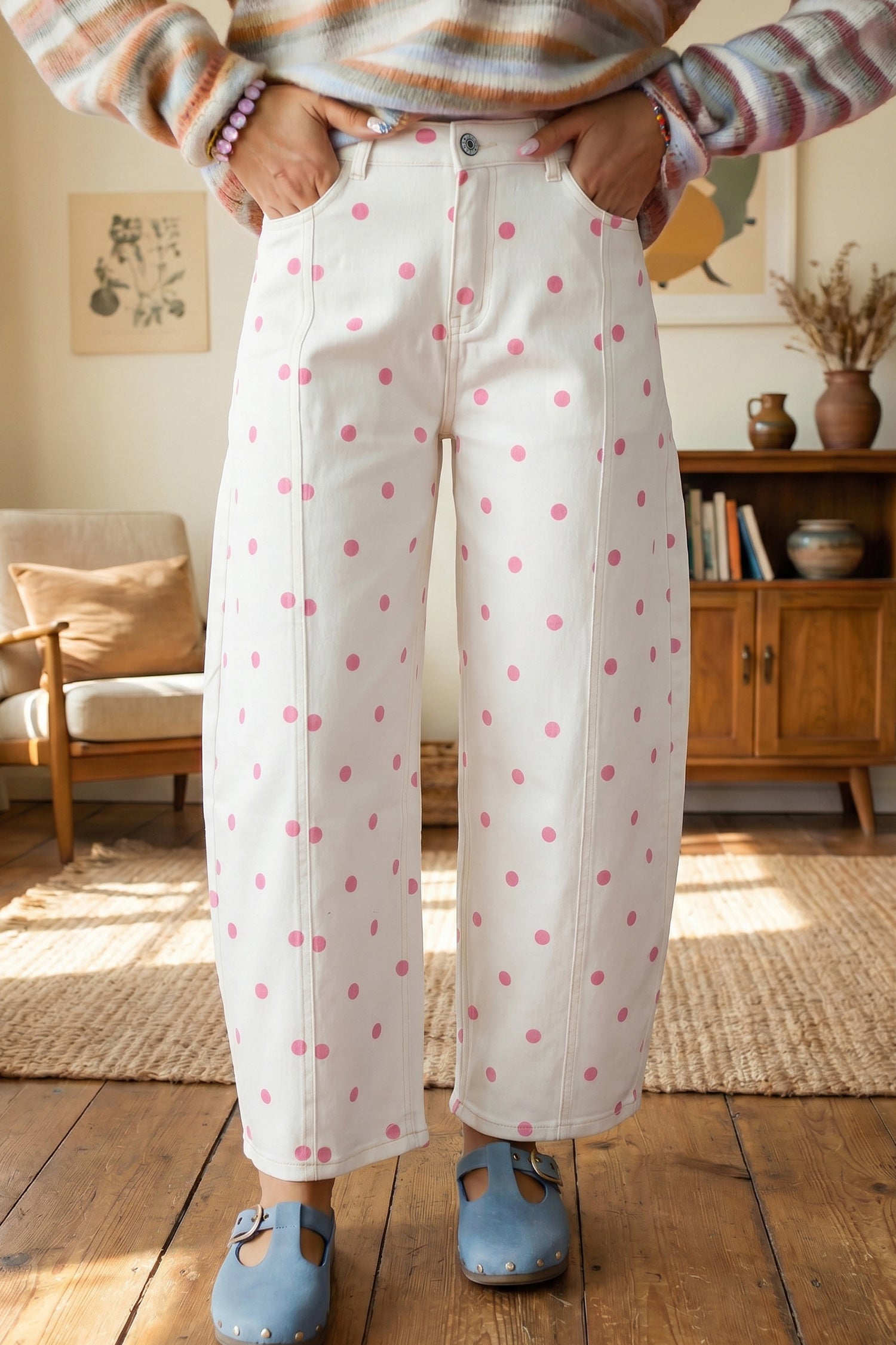 Blue Tailored Seam Polka Dot Print Barrel Casual Jeans - Damesmode Afbeelding 6
