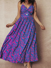 Robe maxi à motif floral bleu à col torsadé en V et dos nus - Damesmode Afbeelding 8 - Miniatuur