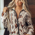 Beige Geometric Print Long Sleeve Shirt Collar Zip-up Placket Binding Tape Jacket - Damesmode Afbeelding 5 - Foto 5