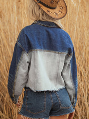 Dusk Blue Color Block Patchwork Flap Detail Distress Denim Jacket - Miniatuur