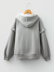 Gray Contrast Rope Drawstring Ruffle Trim Drop Shoulder Baggy Hoodie - Miniatuur