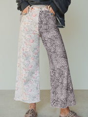Multicolour Retro Floral Leopard Contrast Patchwork Raw Hem Jeans - Miniatuur