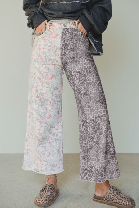 Mehrfarbige Retro-Blumen-Leopard-Kontrast-Patchwork-Jeans mit rohem Saum