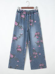 Beau Blue Floral Print Elastic Waist Pull On Casual Jeans - Damesmode Afbeelding 8 - Miniatuur