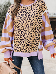 Khaki Stripe Color Block Patchwork Leopard Casual Sweatshirt with Slits - Miniatuur