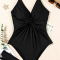 Black V Neck Twist Ruched Crisscross Backless One-Piece Swimsuit - Damesmode Afbeelding 6 - Foto 6