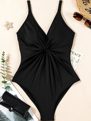 Black V Neck Twist Ruched Crisscross Backless One-Piece Swimsuit - Damesmode Afbeelding 6 - Miniatuur