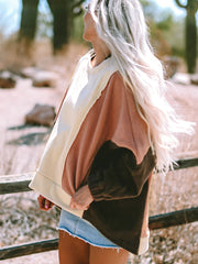 Beige übergroßer Farbblock Patchwork High Low Hoodie – Damesmode Afbeelding 4 - Miniatuur