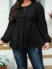 Black Solid Color Bow Tie Front Long Sleeve Plus Size Peplum Blouse - Damesmode Afbeelding 1 - Miniatuur