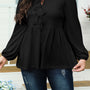 Black Solid Color Bow Tie Front with Long Sleeves Plus Size Peplum Elegant Blouse
