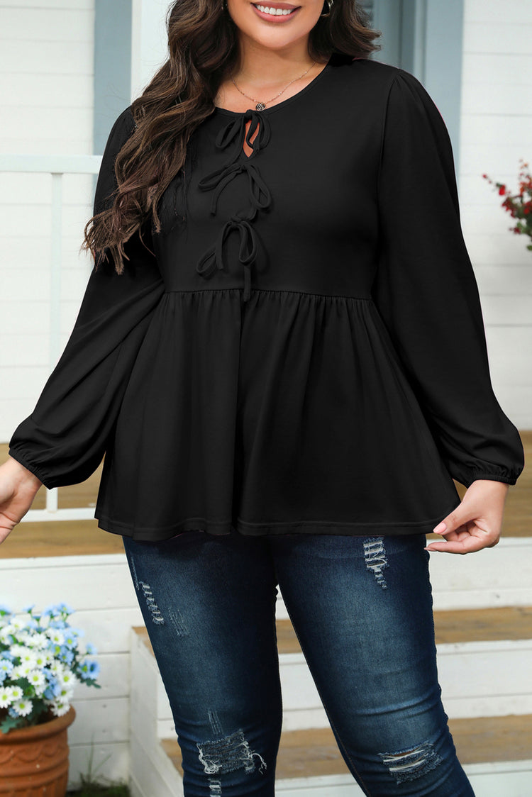 Black Solid Color Bow Tie Front Long Sleeve Plus Size Peplum Blouse - Damesmode Afbeelding 1 - Damesmode