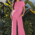 Bright Pink Solid Corded Knit Short Sleeve T Shirt and Wide Leg Pants Set - Damesmode Afbeelding 1 - Foto 1