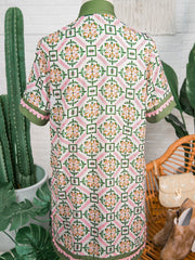 Multicolour Boho Geometric Flower Print Short Sleeve Loose Mini Dress - Miniatuur