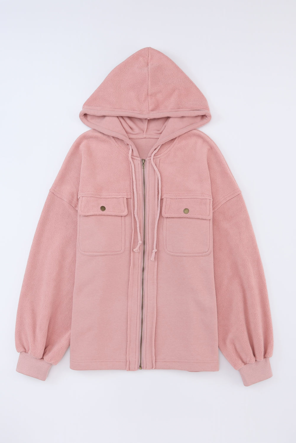 Bolso cor-de-rosa com aba, capuz com cordão e casaco com fecho