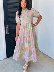 Pink Floral Print Short Puff Sleeve High Waist Tiered Maxi Dress - Miniatuur