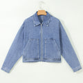 Beau Blue Studded Metal Zipper Rivet Pockets Long Sleeve Denim Jacket - Damesmode Afbeelding 4 - Foto 4