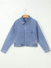Veste en jean à manches longues à manches longues en métal cloutée Beau Blue - Damesmode Afbeelding 4 - Miniatuur
