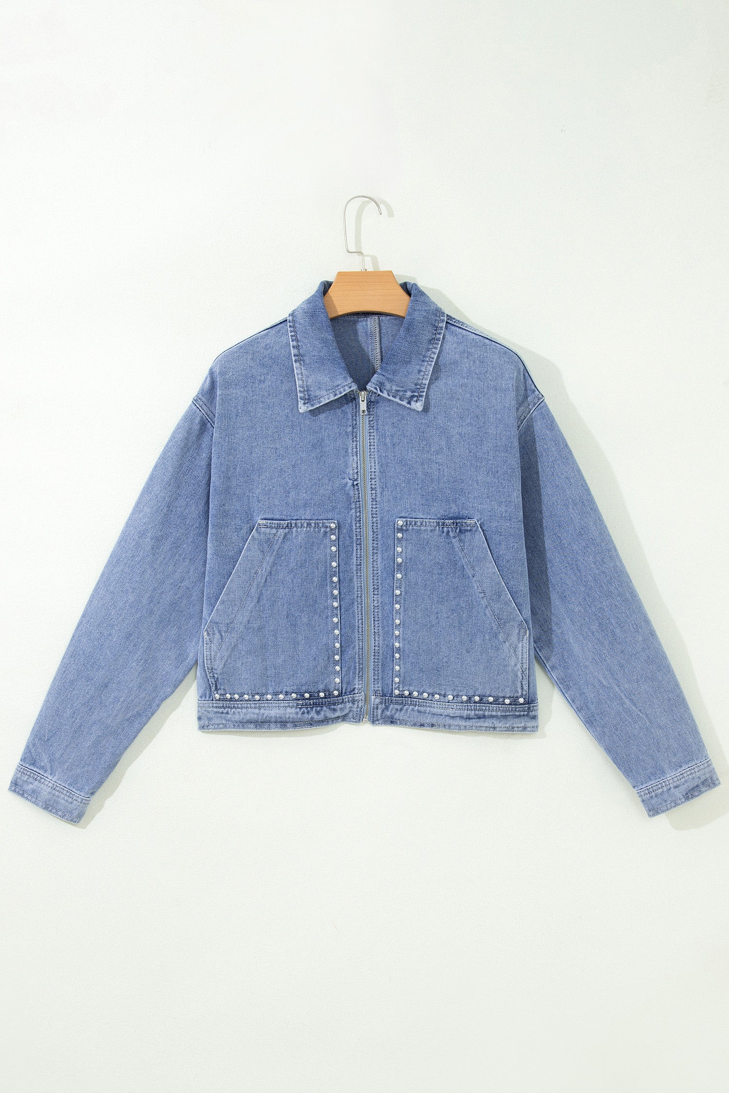 Beau Blue Studded Metal Zipper Rivet Pockets Long Sleeve Denim Jacket - Damesmode Afbeelding 4