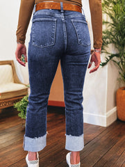 Echte türkisfarbene, gefaltete Manschetten, gerade, hoch taillengeschnittene Jeans - Miniatuur
