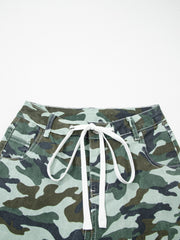 Green Camouflage Print Wide Leg Drawstring Denim Pants - Miniatuur