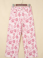 Pantalon en jean en denim rose à motif floral vintage - Miniatuur