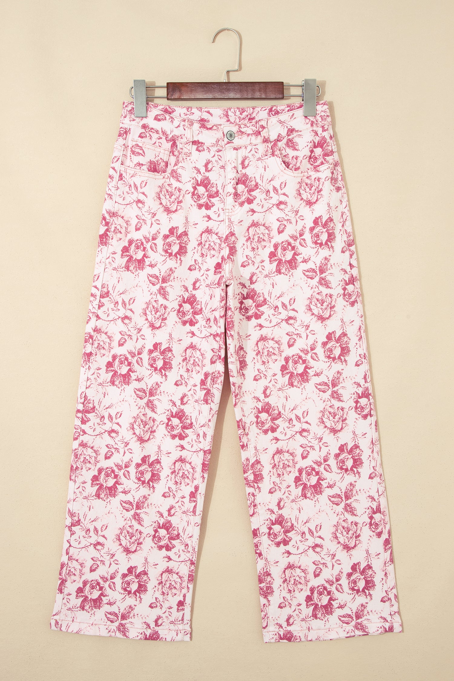 Pantaloni rosa vintage floreali in jeans shift