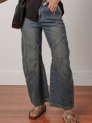 Sail Blue freiliegende Nähte, locker, gerade, hoch taille Barrel Jeans - Miniatuur