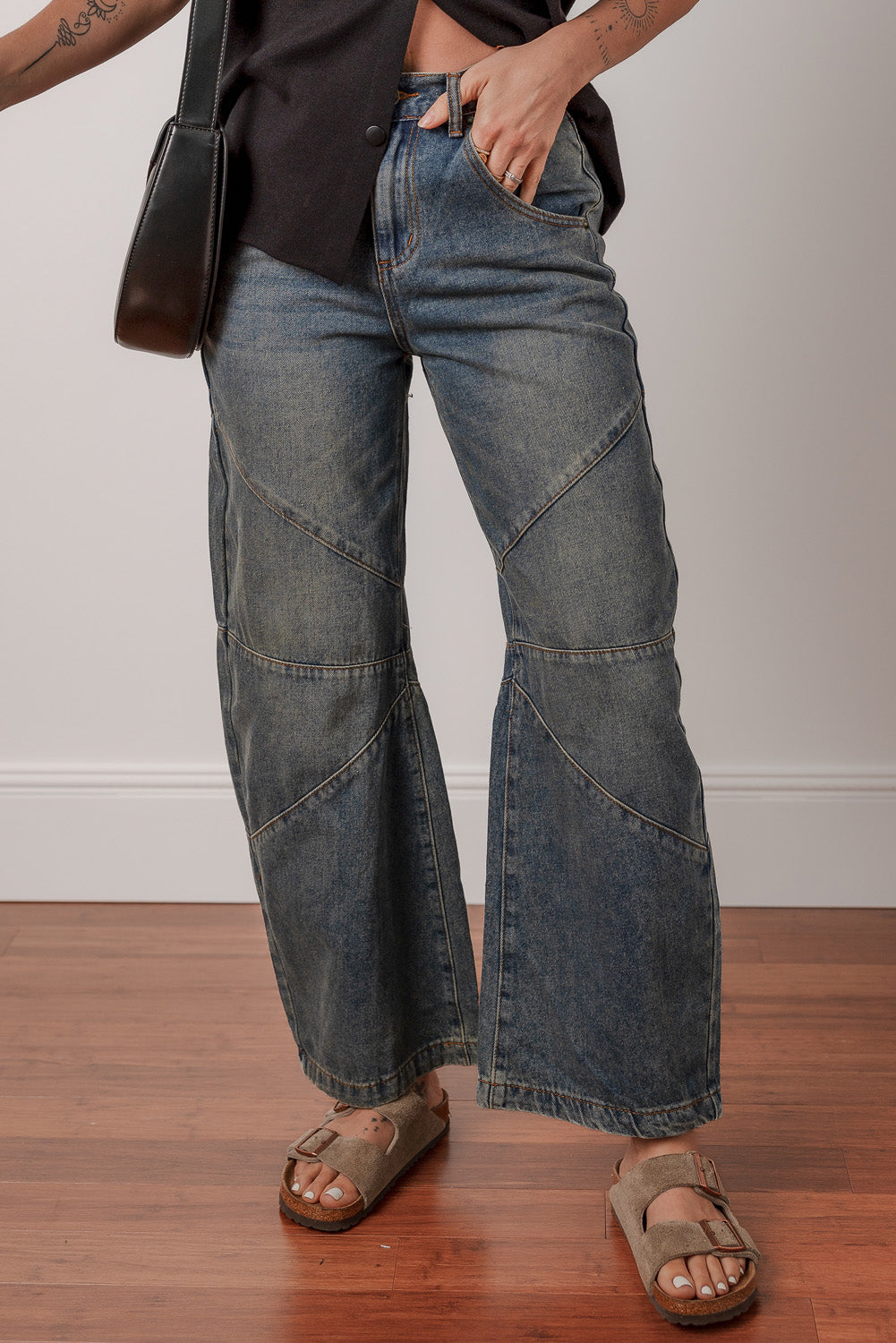 Sail Blue Exposed Stitching Løse, lige Jeans med høj talje